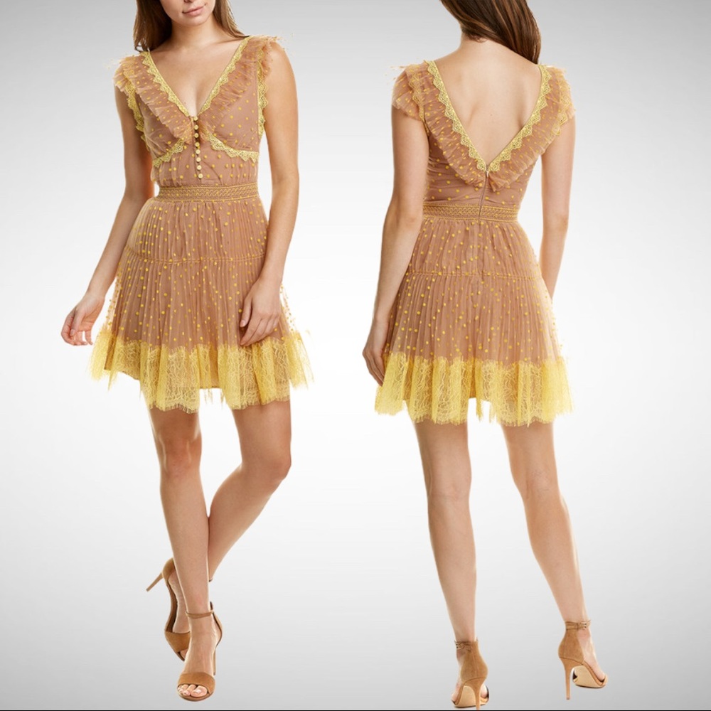 Self Portrait Polka Dot Tea Dress Yellow Nude Size 4
